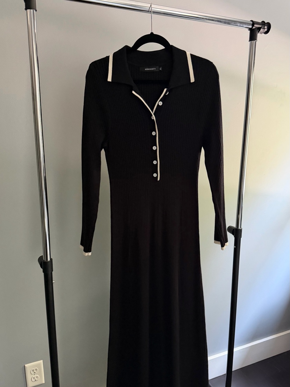 MINKPINK Black Long-Sleeve Knit Polo Dress with Cream Trim